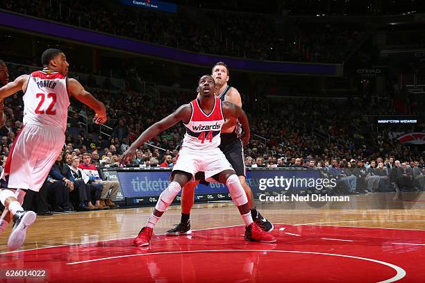 Andrew Nicholson of the Washington Wizards blocks out against the San Antonio Spurs on November 26, 2016 at Verizon Center in Washington, DC. NOTE TO...