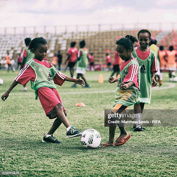 Local Girls in action during a 'Live Your Goals' event during the FIFA U-20 Women's World Cup Papua New Guinea 2016 at the PNG FS Stadium on November...