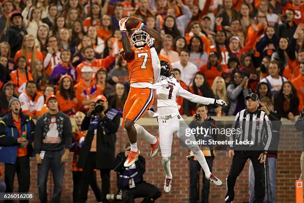 Mike Williams of the Clemson Tigers makes a touchdown catch over Jamarcus King of the South Carolina Gamecocks during their game at Memorial Stadium...