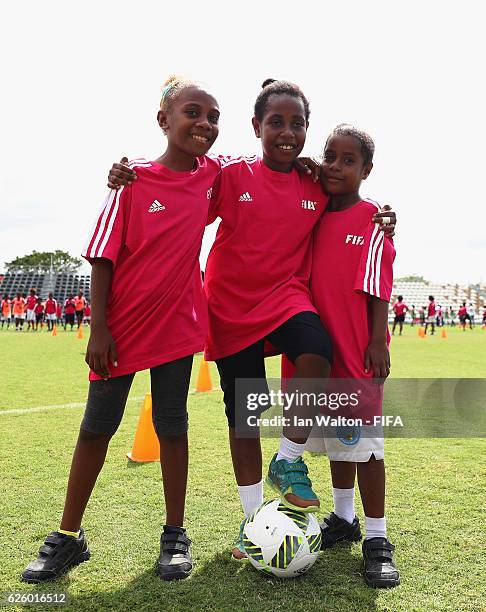 Local Girls in action during a 'Live Your Goals' event during the FIFA U-20 Women's World Cup Papua New Guinea 2016 at the PNG FS Stadium on November...