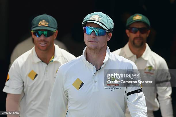 Steve Smith of Australia leads team mates onto the field during day four of the Third Test match between Australia and South Africa at Adelaide Oval...