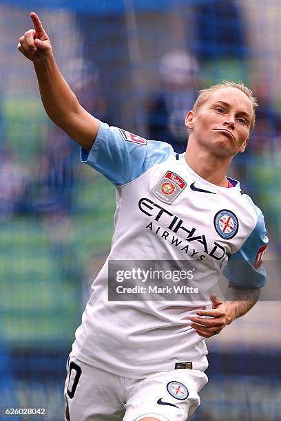 Jess Fishlock of Melbourne City celebrates a goal during the round four A-League match between Melbourne City FC and Melbourne Victory at AAMI Park...