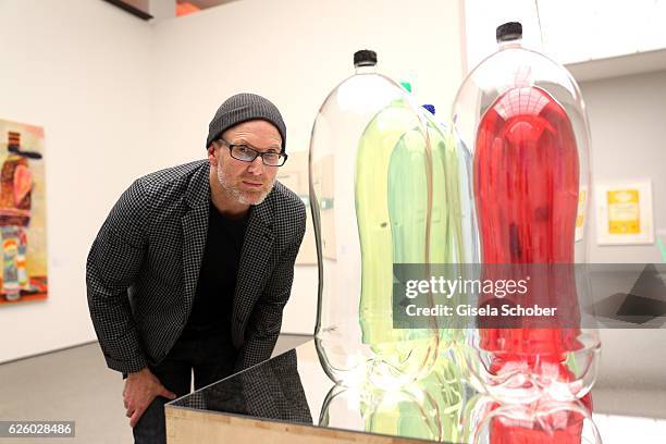 Artist Mike Bouchet besides his work Keglon 6 Pack , 2016 during the PIN Party - Let's party 4 art' at Pinakothek der Moderne on November 26, 2016 in...