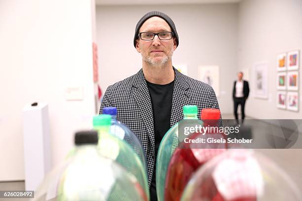 Artist Mike Bouchet besides his work Keglon 6 Pack , 2016 during the PIN Party - Let's party 4 art' at Pinakothek der Moderne on November 26, 2016 in...