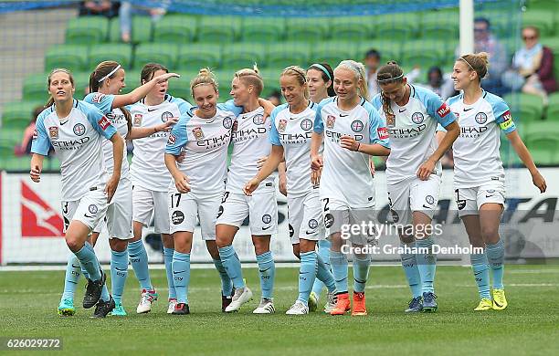 Jessica Fishlock of Melbourne City celebrates her goal with her teammates during the round four A-League match between Melbourne City FC and...