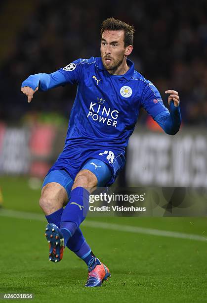 Christian Fuchs of Leicester City during the UEFA Champions League match between Leicester City FC and Club Brugge KV at The King Power Stadium on...