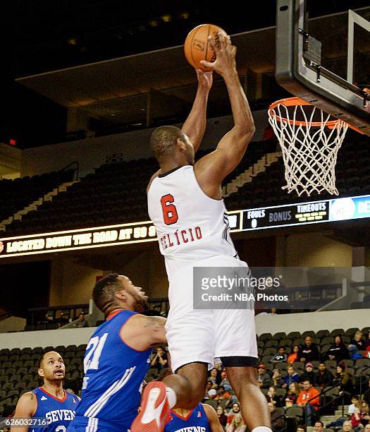 Cristiano Felicio of the Windy City Bulls dunks the ball against Delaware 87ers on November 26, 2016 at the Sears Centre in Hoffman, Illinois. NOTE...