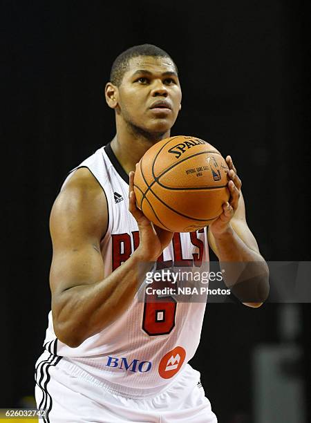 Cristiano Felicio of the Windy City Bulls at the free throw line against Delaware 87ers on November 26, 2016 at the Sears Centre in Hoffman,...