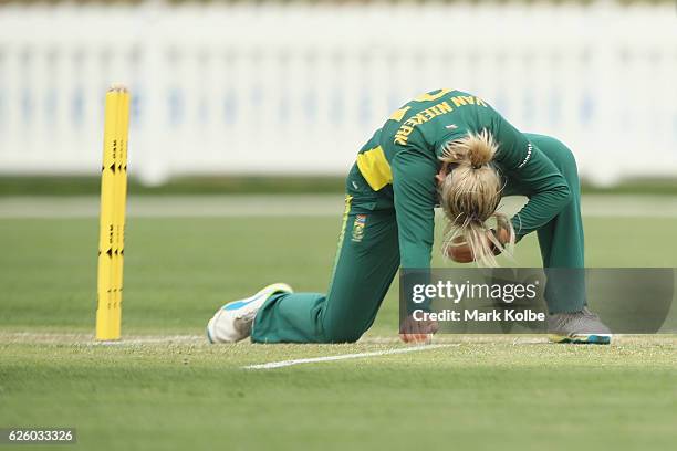Dane van Niekerk of South Africa shows her frustration during the women's One Day International match between the Australian Southern Stars and South...