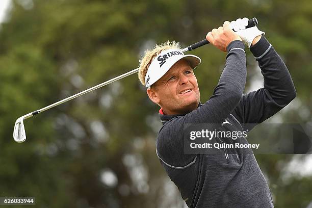 Soren Kjeldsen of Denmark plays an approach shot during day four of the World Cup of Golf at Kingston Heath Golf Club on November 27, 2016 in...