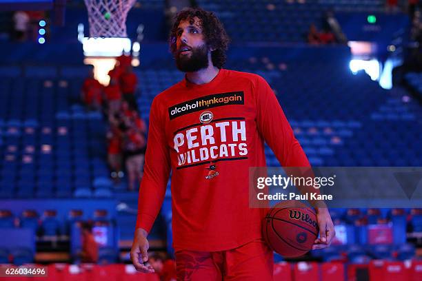 Matt Knight of the Wildcats warms up before the round eight NBL match between the Perth Wildcats and the Illawarra Hawks at the Perth Arena on...