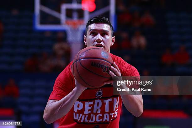 Jarred Kenny of the Wildcats warms up before the round eight NBL match between the Perth Wildcats and the Illawarra Hawks at the Perth Arena on...