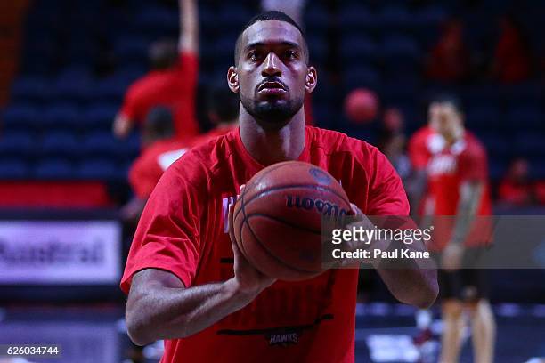 Michael Holyfield of the Hawks warms up before the round eight NBL match between the Perth Wildcats and the Illawarra Hawks at the Perth Arena on...