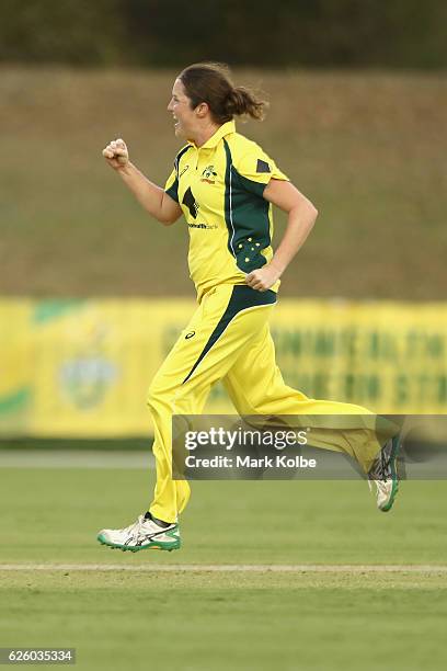 Rene Farrell of Australia celebrates taking the wicket of Sune Luus of South Africa during the women's One Day International match between the...