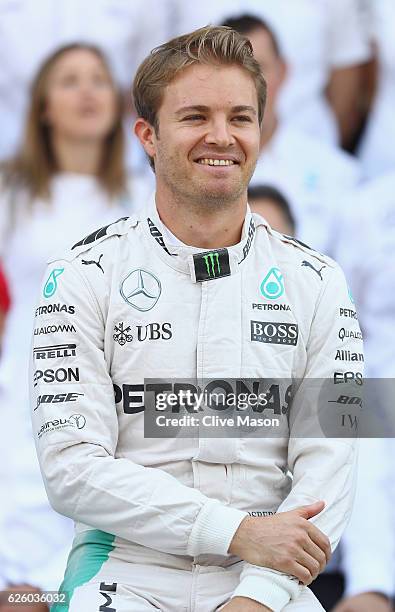 Nico Rosberg of Germany and Mercedes GP at the Mercedes team photo during the Abu Dhabi Formula One Grand Prix at Yas Marina Circuit on November 27,...