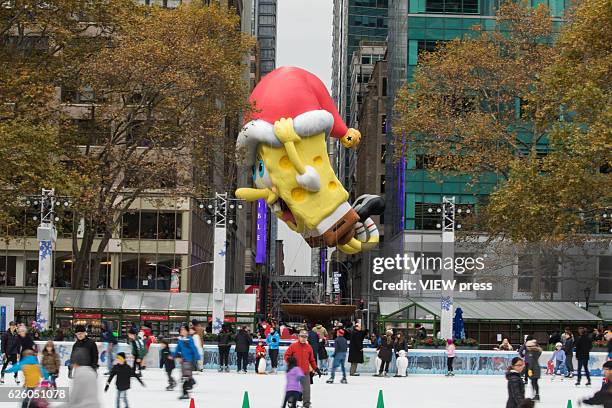 SpongeBob SquarePants balloon floats at the 90th annual Macy's Thanksgiving Day Parade near to Bryant Park ice rink on November 24, 2016 in New York...