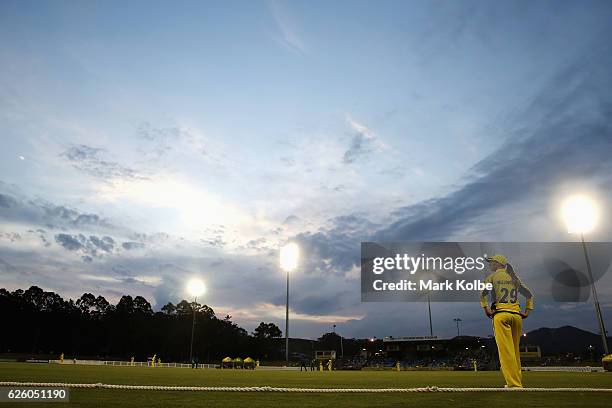 Amanda-Jade Wellington of Australia watches on as she fields in the outfield during the women's One Day International match between the Australian...