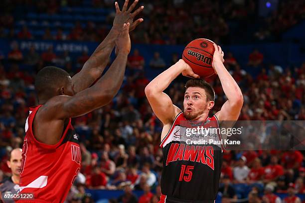 Rotnei Clarke of the Hawks sets to take a shot during the round eight NBL match between the Perth Wildcats and the Illawarra Hawks at the Perth Arena...