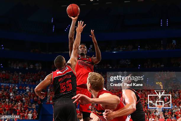 Jameel McKay of the Wildcats shoots the ball during the round eight NBL match between the Perth Wildcats and the Illawarra Hawks at the Perth Arena...