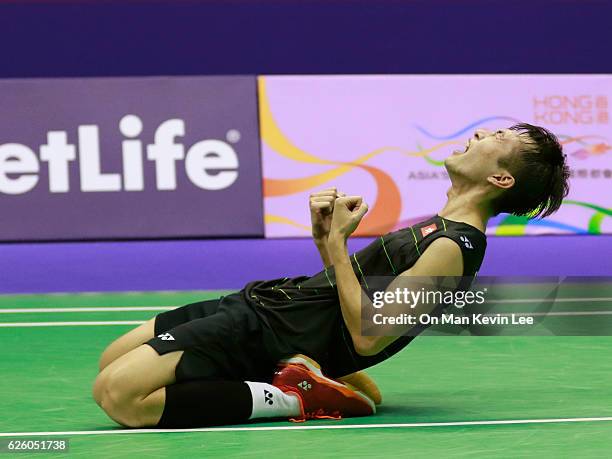 Ng Ka Long Angus reacts after defeating Sameer Verma of India at the Men's Single Final atYonex-Sunrise Hong Kong Open Championships 2016 on day 6 on...