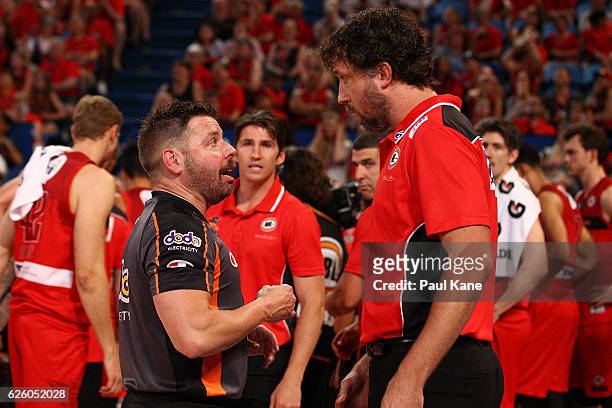 Referee Michael Aylen talks with Wildcats assistant coach Matt Nielsen during the round eight NBL match between the Perth Wildcats and the Illawarra...