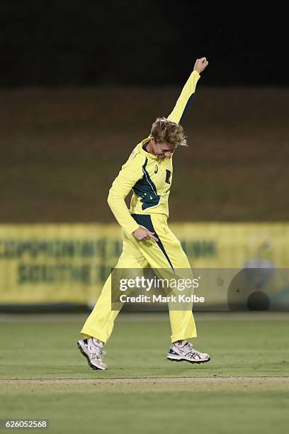 Elyse Villani of Australia celebrates taking the wicket Chloe Tryon of South Africa during the women's One Day International match between the...