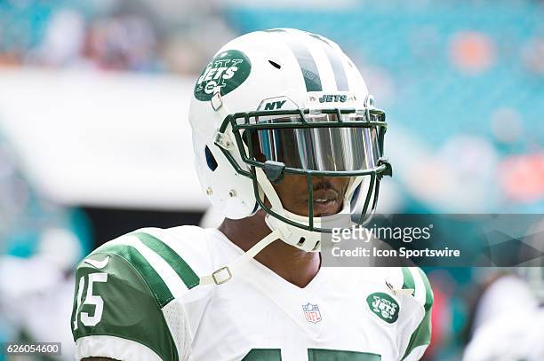New York Jets Wide Receiver Brandon Marshall on the field before the start of the NFL football game between the New York Jets and the Miami Dolphins...