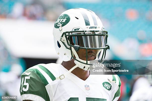 New York Jets Wide Receiver Brandon Marshall on the field before the start of the NFL football game between the New York Jets and the Miami Dolphins...