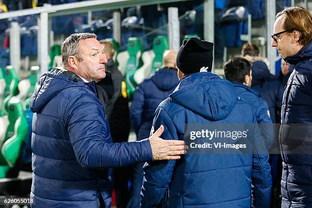 Coach Ron Jans of PEC Zwolle, Hachim Mastour of PEC Zwolle, team manager Isaak Teunis of PEC Zwolleduring the Dutch Eredivisie match between PEC...