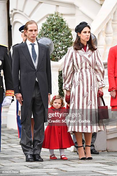 Andrea Casiraghi, India Casiraghi and Tatiana Casiraghi attend the Monaco National Day Celebrations in the Monaco Palace Courtyard on November 19,...