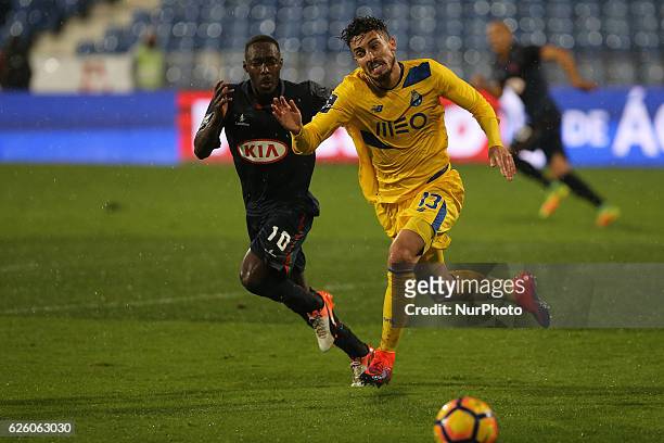 Belenensess forward Gerso Fernandes from Portugal with FC Portos defender Alex Telles from Brazil during Premier League 2016/17 match between Os...