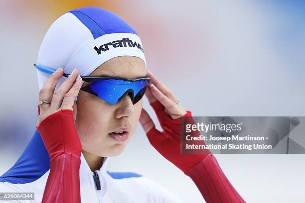 Karina Akhmetova of Russia competes in Ladies 1500m during day two of ISU Junior World Cup Speed Skating at Minsk Arena on November 27, 2016 in...
