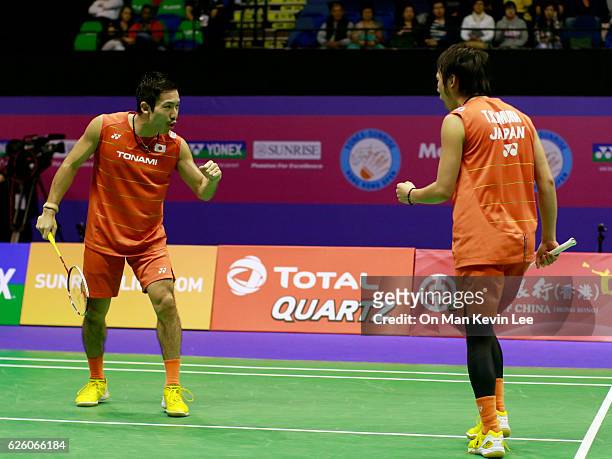Takeshi Kamura and Keigo Sonoda of Japan in action against Mathias Boe and Carsten Mogensen of Denmark during their Men's Doubles Final on day 6 of...