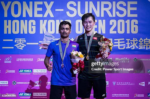 Ng Ka Long Angus of Hong Kong celebrating after defeating Sameer Verma of India in their Men's Singles Final during the YONEX-SUNRISE Hong Kong Open...