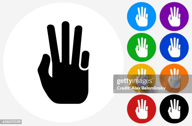 three fingers hand icon on flat color circle buttons - hands counting stock illustrations