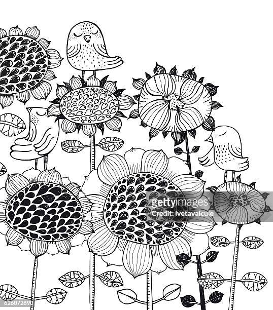 sunflowers and birds vector illustration - bird seed stock illustrations