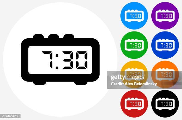 morning alarm clock icon on flat color circle buttons - orange alarm clock stock illustrations
