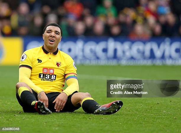 Troy Deeney of Watford reacts during the Premier League match between Watford and Stoke City at Vicarage Road on November 27, 2016 in Watford,...