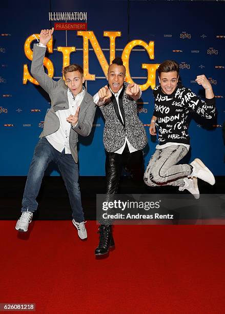 Lukas Pratschker, Prince Damian and Luca Haenni attend the European premiere of 'Sing' at Cinedom on November 27, 2016 in Cologne, Germany.