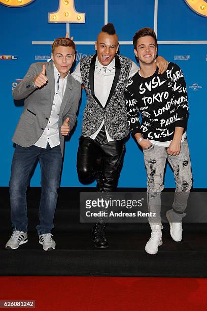 Lukas Pratschker, Prince Damian and Luca Haenni attend the European premiere of 'Sing' at Cinedom on November 27, 2016 in Cologne, Germany.