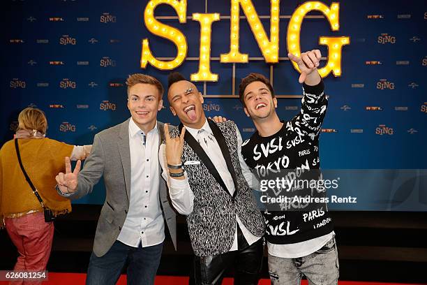 Lukas Pratschker, Prince Damian and Luca Haenni attend the European premiere of 'Sing' at Cinedom on November 27, 2016 in Cologne, Germany.