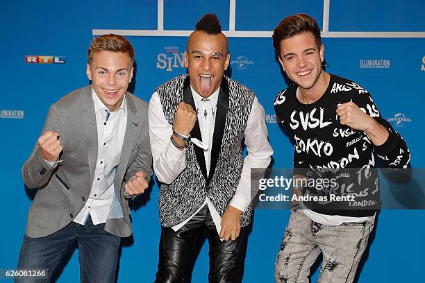 Lukas Pratschker, Prince Damian and Luca Haenni attend the European premiere of 'Sing' at Cinedom on November 27, 2016 in Cologne, Germany.