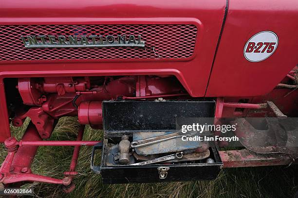 Tools are placed next to a tractor engine as final preparations are made ahead of the annual ploughing match on November 27, 2016 in Staithes, United...