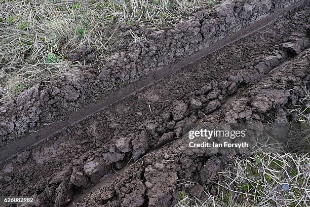 Furrow ploughed across a field during the annual ploughing match on November 27, 2016 in Staithes, United Kingdom. The event which is held each year...