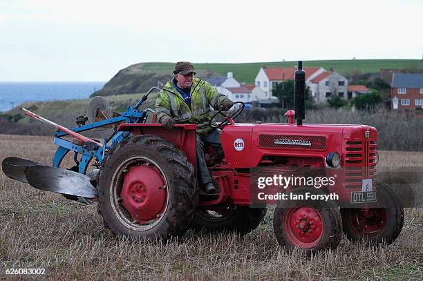 Gordon Sumley from Scarborough takes part in the annual ploughing match on November 27, 2016 in Staithes, United Kingdom. The event which is held...