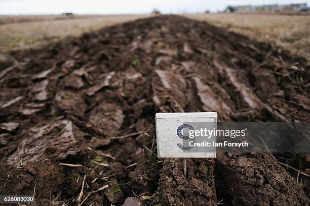 Furrows lead off across a field after being ploughed during the annual ploughing match on November 27, 2016 in Staithes, United Kingdom. The event...