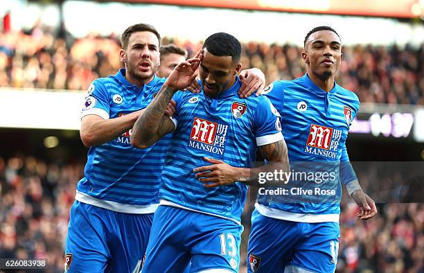 Callum Wilson of AFC Bournemouth celebrates scoring his sides first goal with Dan Gosling of AFC Bournemouth and Junior Stanislas of AFC Bournemouth...