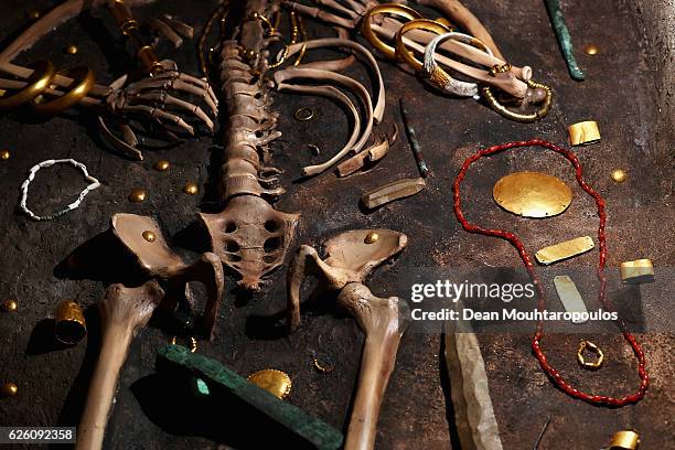 Recreation of the skeleton discovered in Grave No. 43 in the Varna Chalcolithic Necropolis together with the numerous gold artefacts dating to the...