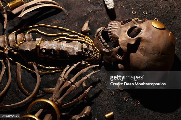 Recreation of the skeleton discovered in Grave No. 43 in the Varna Chalcolithic Necropolis together with the numerous gold artefacts dating to the...