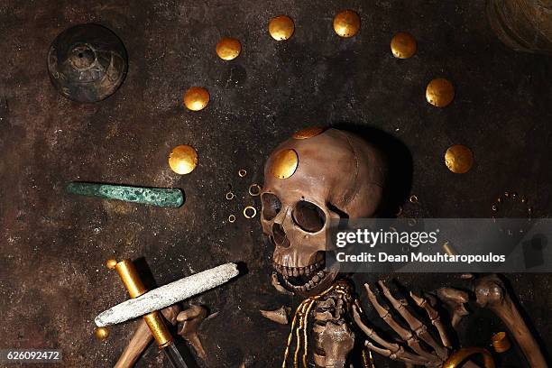 Recreation of the skeleton discovered in Grave No. 43 in the Varna Chalcolithic Necropolis together with the numerous gold artefacts dating to the...